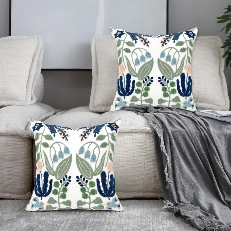 Alysheer Floral Embroidered Farmhouse Decorative Throw Pillow Cover 18""x 18"" Set of 2  Cottage Navy Blue Green Flower Leaves Tufted Pattern  Cotton Canvas Cushion Case for Couch Bed Living Room Decor - Image 5